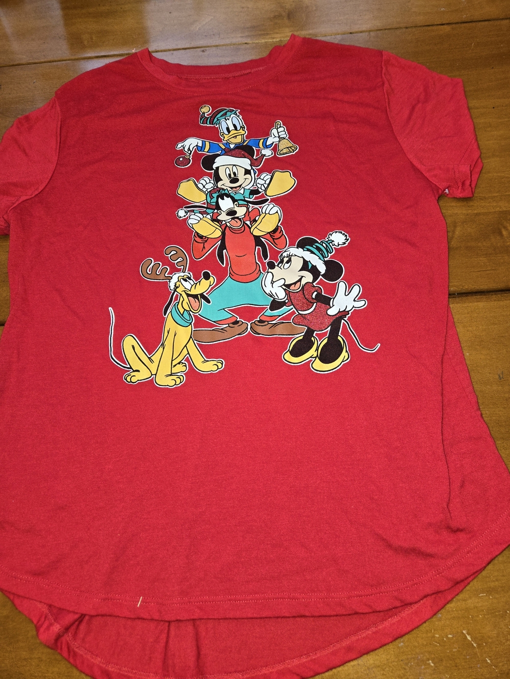 Disney Red Womens Holiday Graphic Tee with Mickey & Friends Stack Jr Size 15/17
